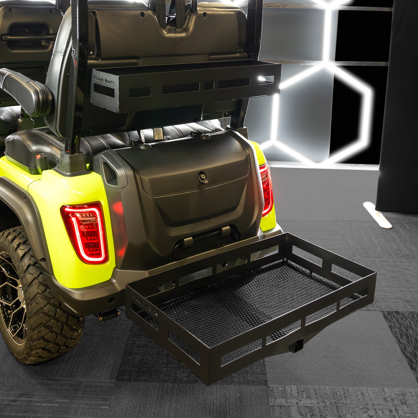 Golf cart storage basket hitch attachment